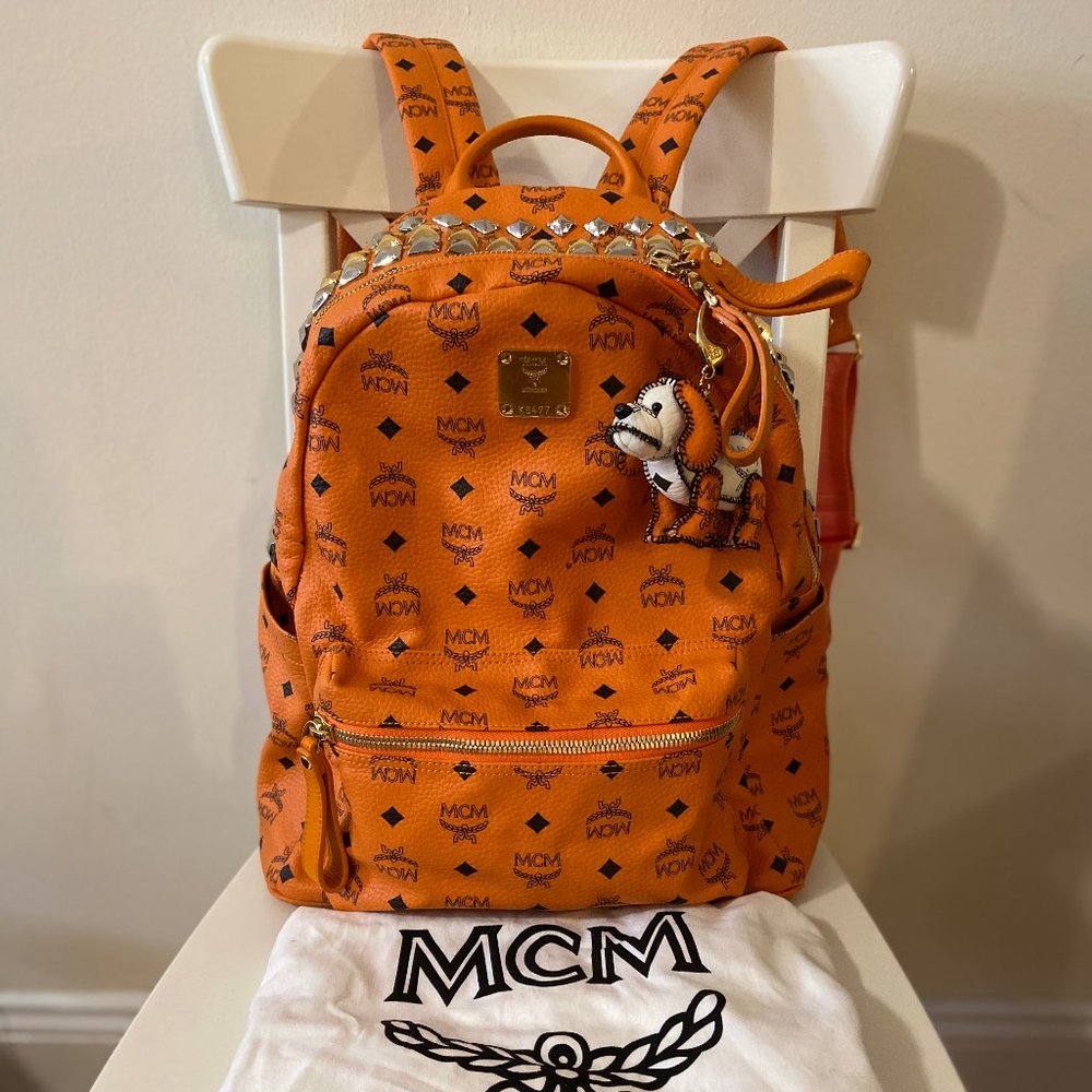 MCM Stark Top Studded Orange Leather Backpack